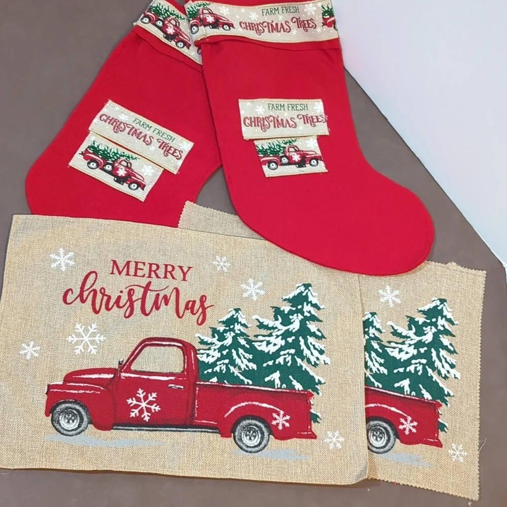 Stocking set of 2 Farm Fresh Christmas Trees and 2 Burlap Merry Christmas Pieces
